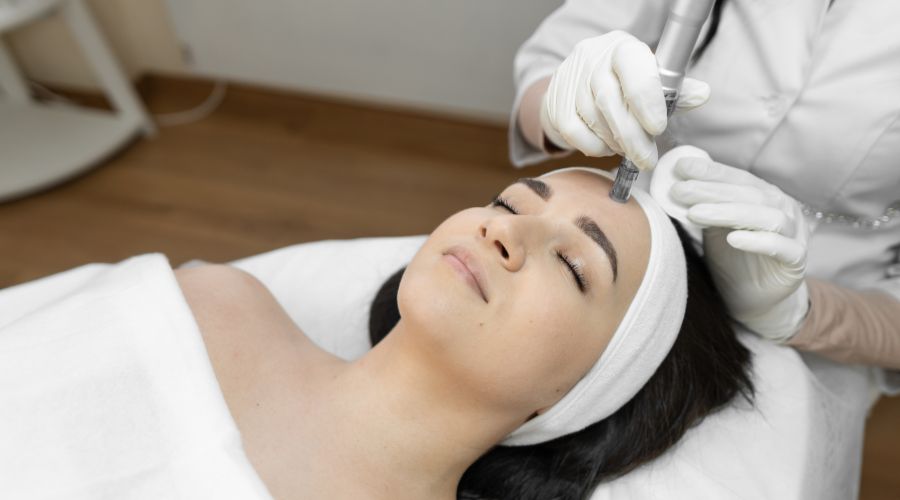 girl having a microneedling session with an aesthetician