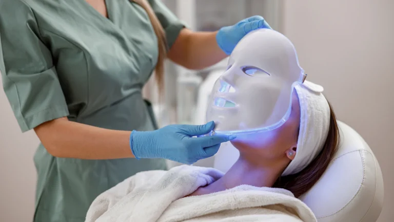 Dermforge LED Mask showcasing light therapy for anti-aging, acne treatment, and skin rejuvenation