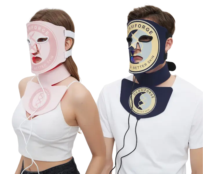 woman and man wearing dermforge mask
